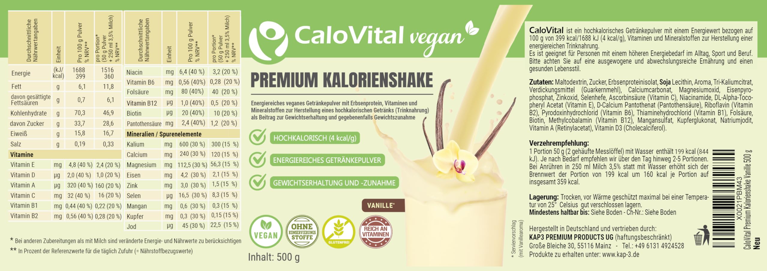 CaloVital Vegan | Hochkalorische Trinknahrung als Kalorien Shake zum zunehmen | Astronautennahrung Trinkmahlzeit mit Kohlenhydrate Protein Vitamine & Mineralstoffe Hochdosiert