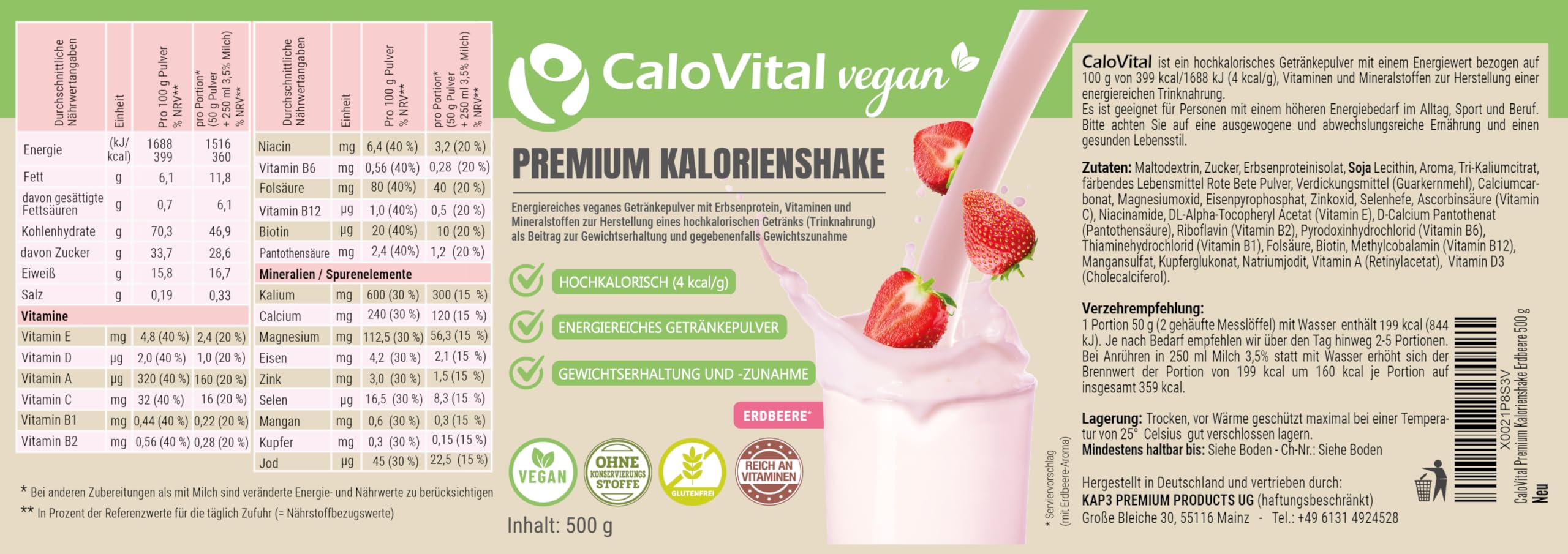 CaloVital Vegan | Hochkalorische Trinknahrung als Kalorien Shake zum zunehmen | Astronautennahrung Trinkmahlzeit mit Kohlenhydrate Protein Vitamine & Mineralstoffe Hochdosiert