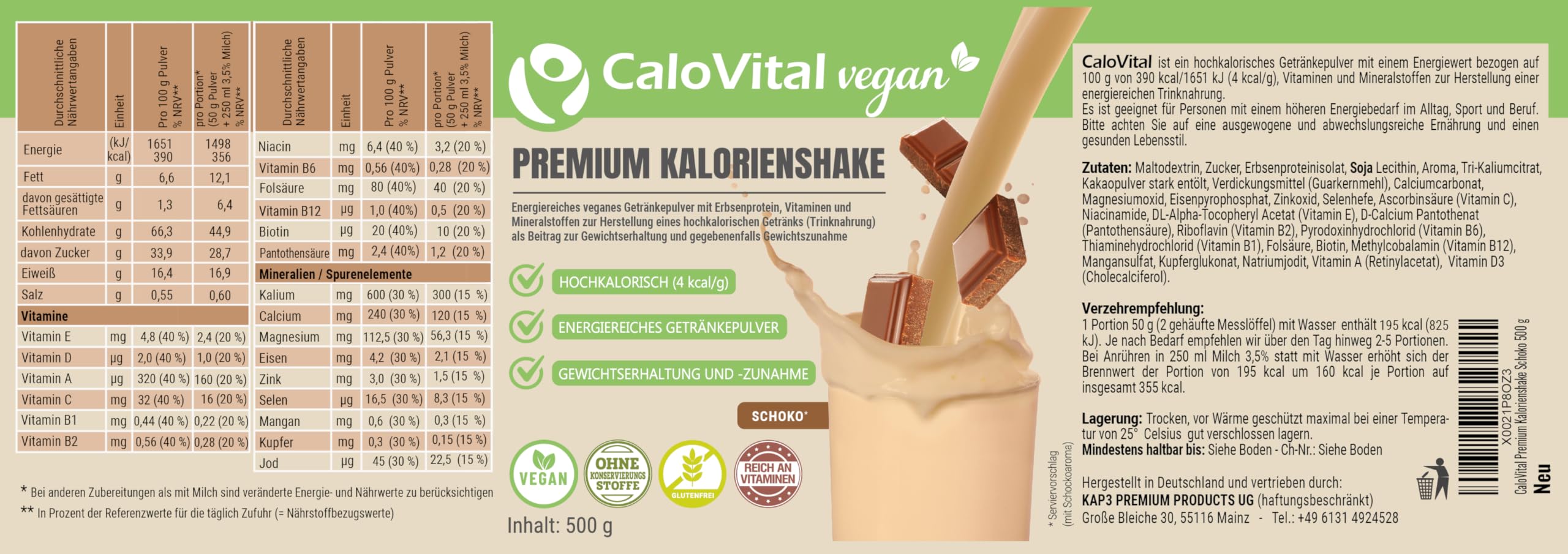CaloVital Vegan | Hochkalorische Trinknahrung als Kalorien Shake zum zunehmen | Astronautennahrung Trinkmahlzeit mit Kohlenhydrate Protein Vitamine & Mineralstoffe Hochdosiert